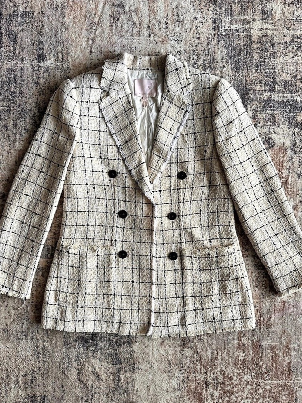 NWT Rebecca Taylor Plaid Tweed Double Breasted Blazer Cream Black Size 8 $595